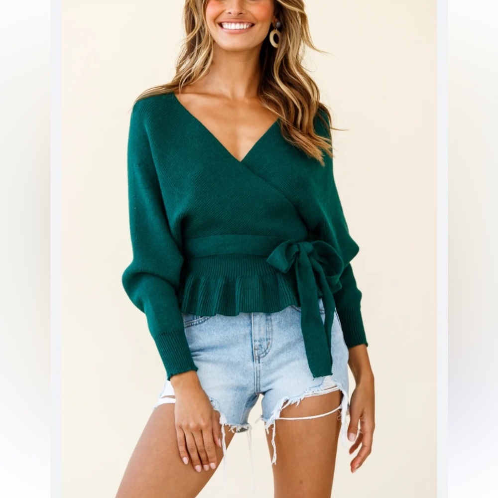 Romantic Lulus Emerald V-Neck Faux-Wrap Knit Sweater Top-🚩Belt Not Included - M